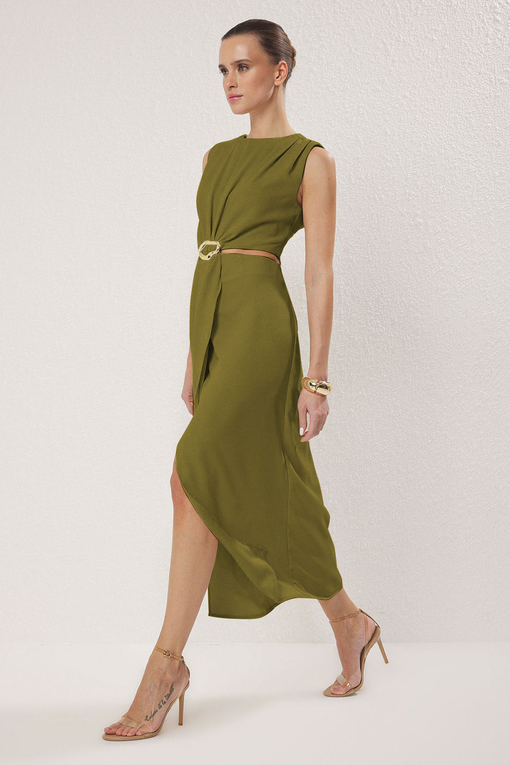 TRENDYOLMILLA Yag Yesili A Kesim Cut Out ve Aksesuar Detayl? Maxi Dokuma Krep Elbise TWOSS25EL00017 фото 37