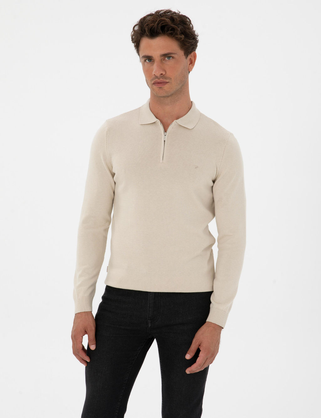 Krem Melanj Slim Fit Polo Yaka Fermuarl_ Basic Triko Kazak - Pierre cardin фото 3