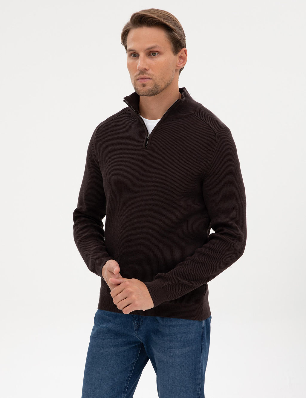 Koyu Kahverengi Slim Fit Dik Yaka Fermuarl_ Triko Kazak - Pierre cardin фото 3