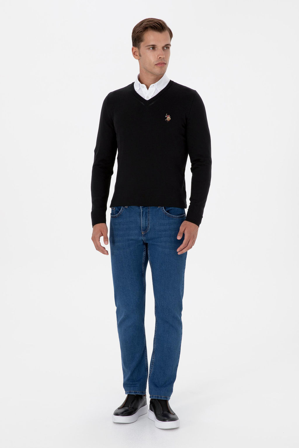 Erkek Slim Fit V Yaka Siyah Basic Kazak
