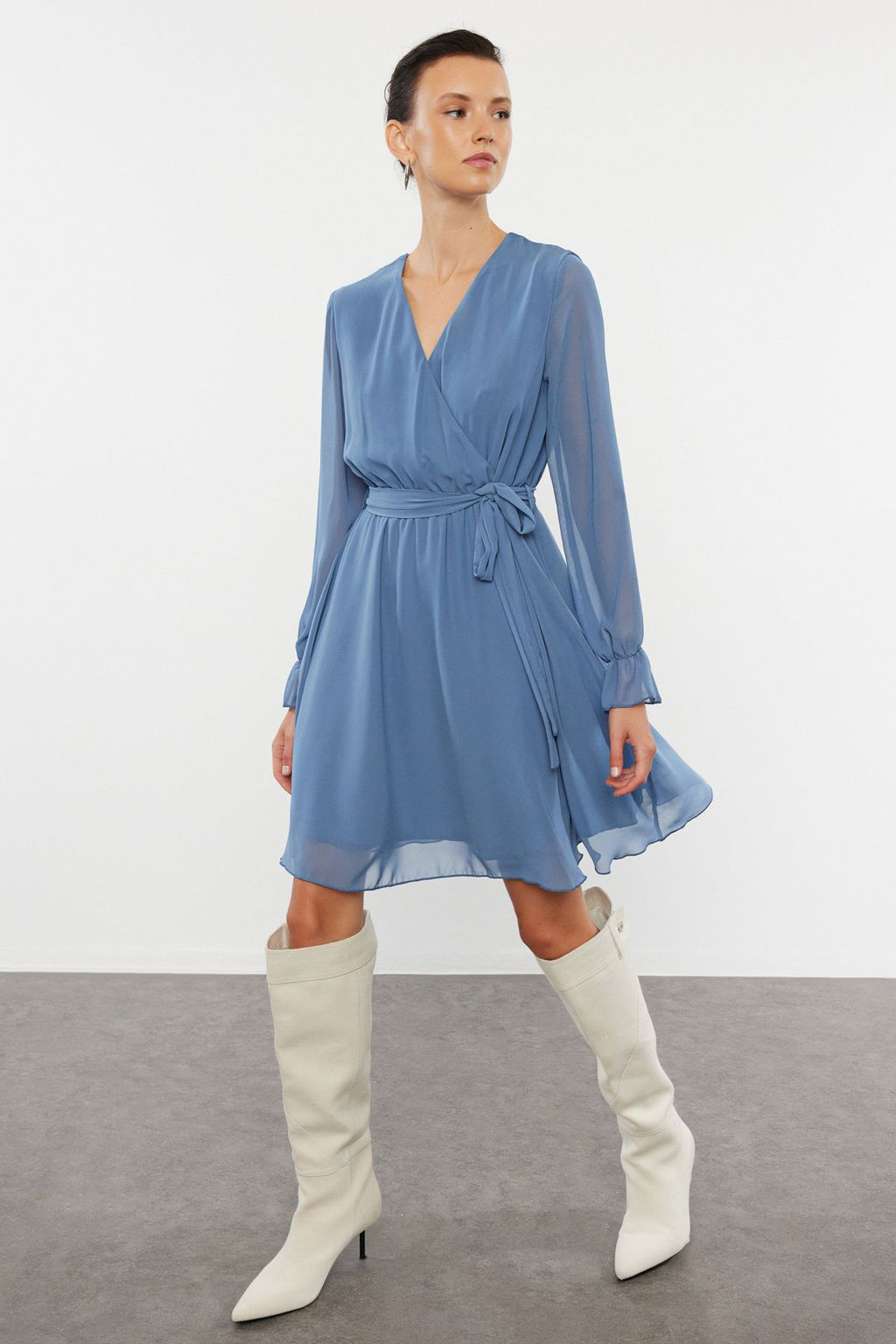 Indigo Kusakl? Duz Mini Kusakl? Kruvaze Dokuma Elbise TWOAW20EL0789