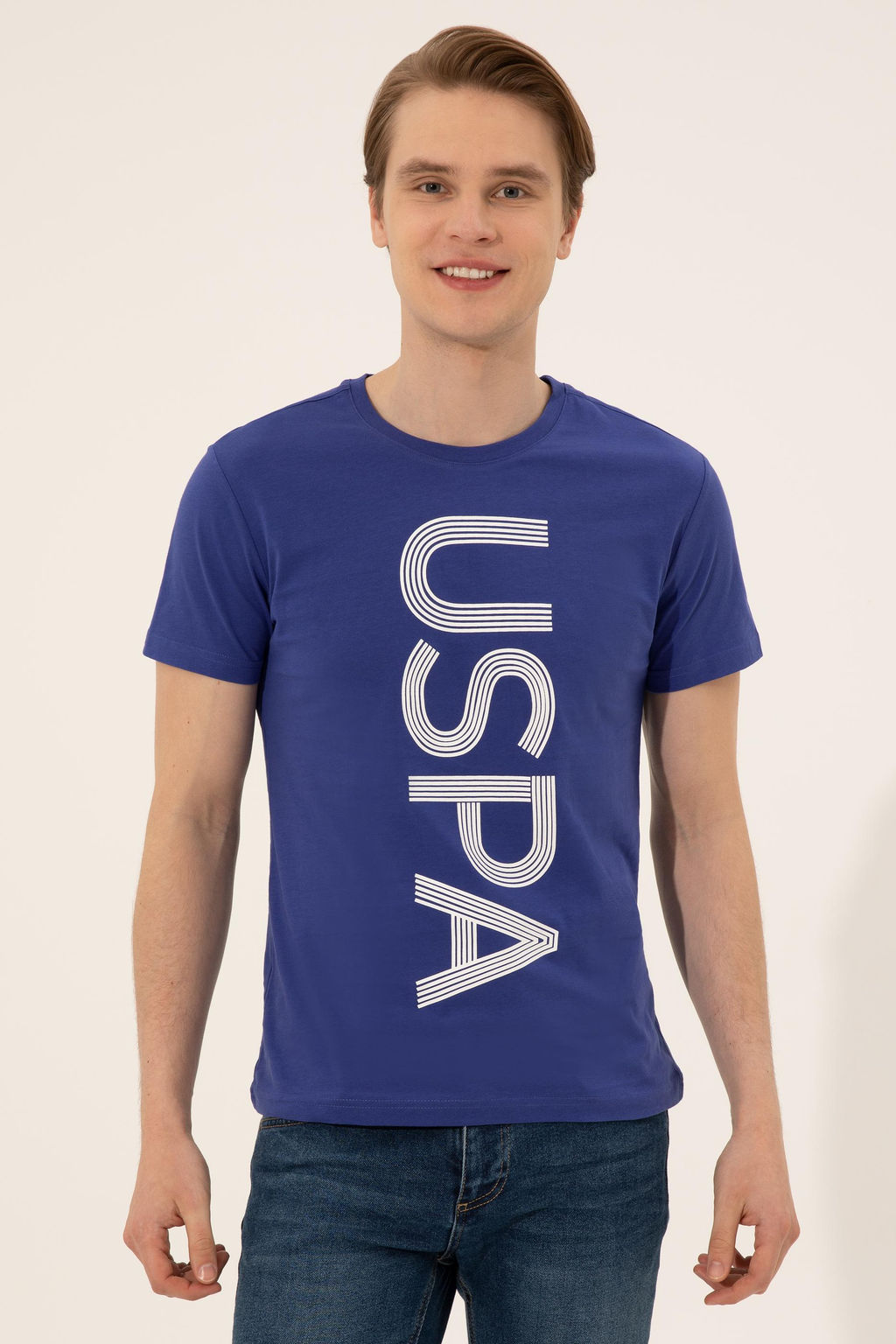 Erkek Mavi Bisiklet Yaka T-Shirt