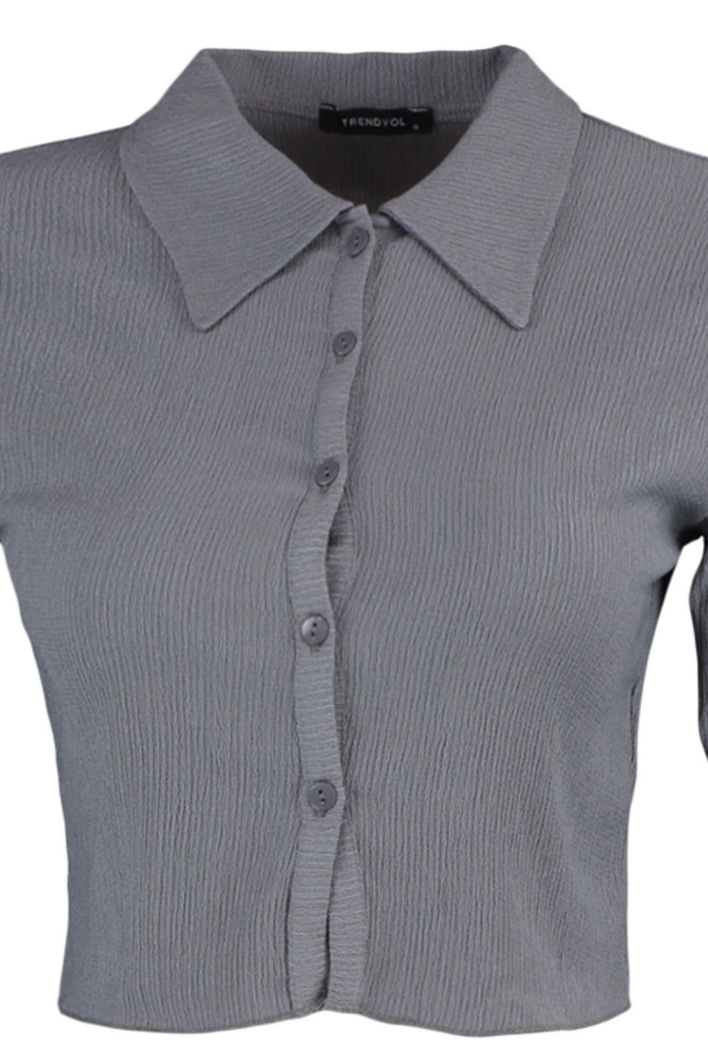 Gri Dugmeli Fitted/Vucuda Oturan Polo Yaka Burumcuk/Dokulu Crop Orme Bluz TWOAW22BZ0241 - Trendyolmilla фото 6