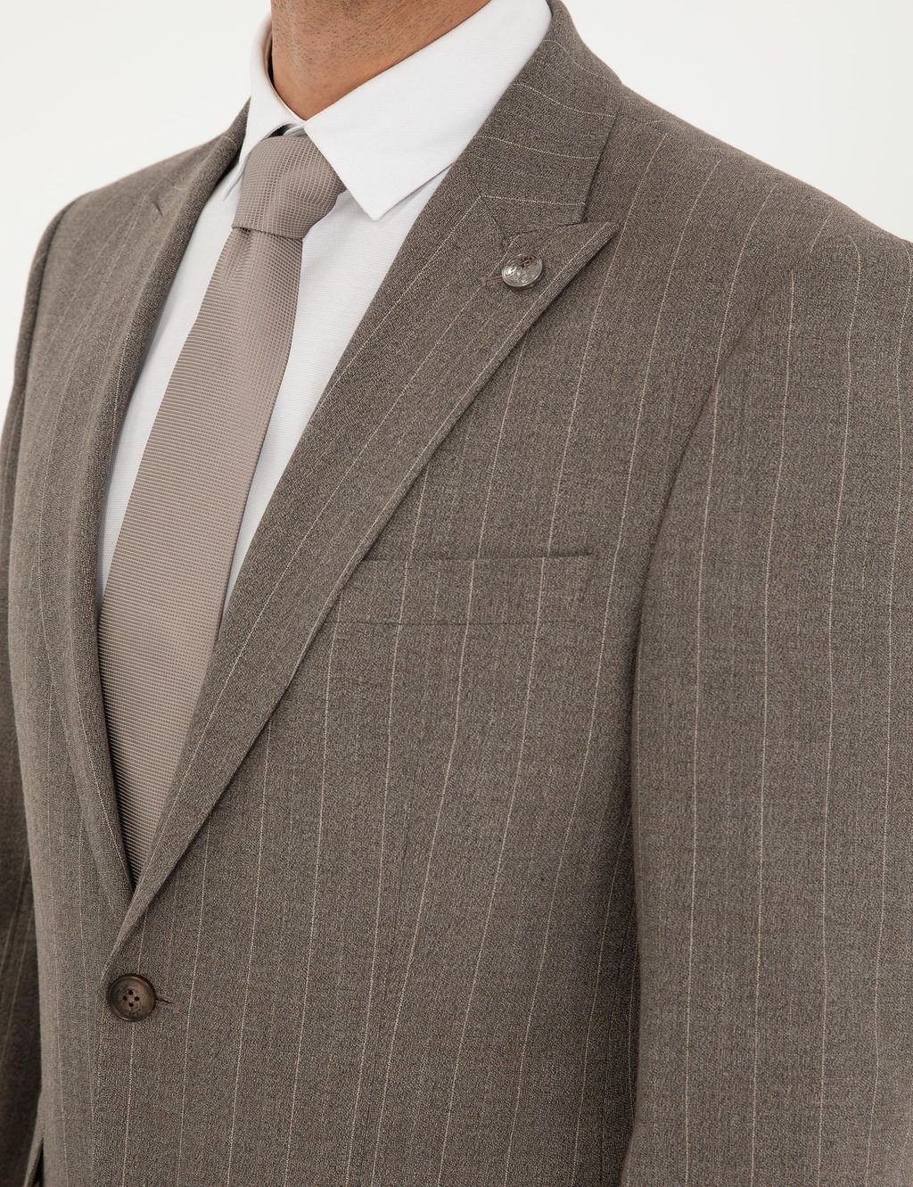 A__k Kahverengi Slim Fit _izgili Tak_m Elbise