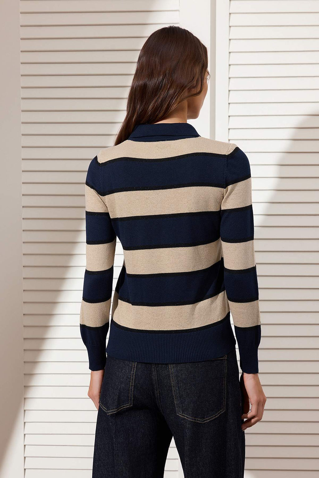 Lacivert Simli Iplik Detayl? Cizgili Polo Yaka Triko Bluz TWOSS26BZ00126