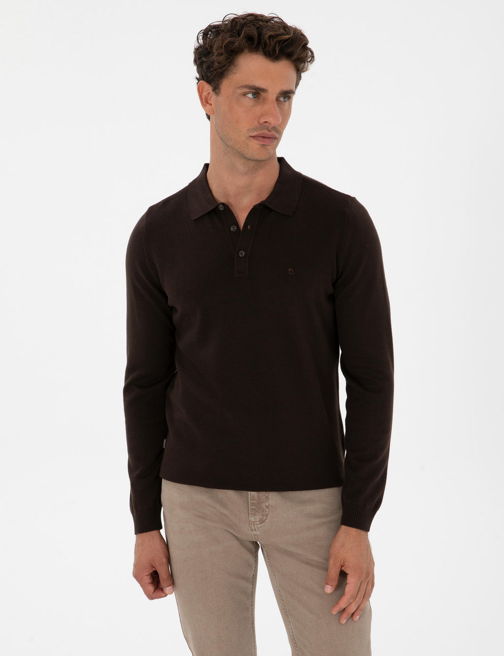 Koyu Kahverengi Slim Fit Polo Yaka Basic Triko Kazak - Pierre cardin фото 3