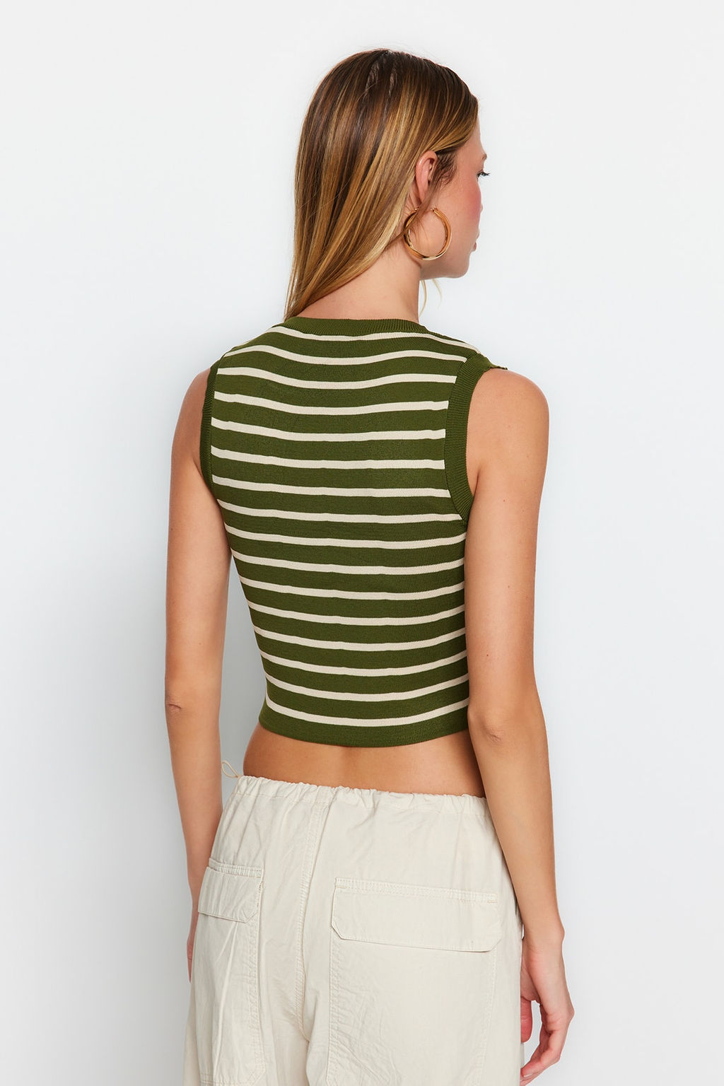 Yesil Crop Cizgili Triko Ince Bluz TWOSS23BZ00584