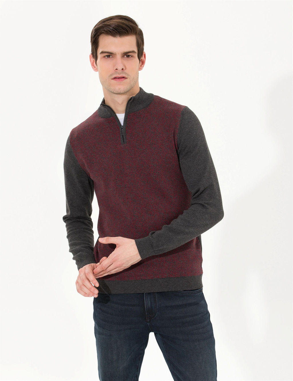 Gri Melanj Slim Fit Fermuarl_ Dik Yaka Triko Kazak