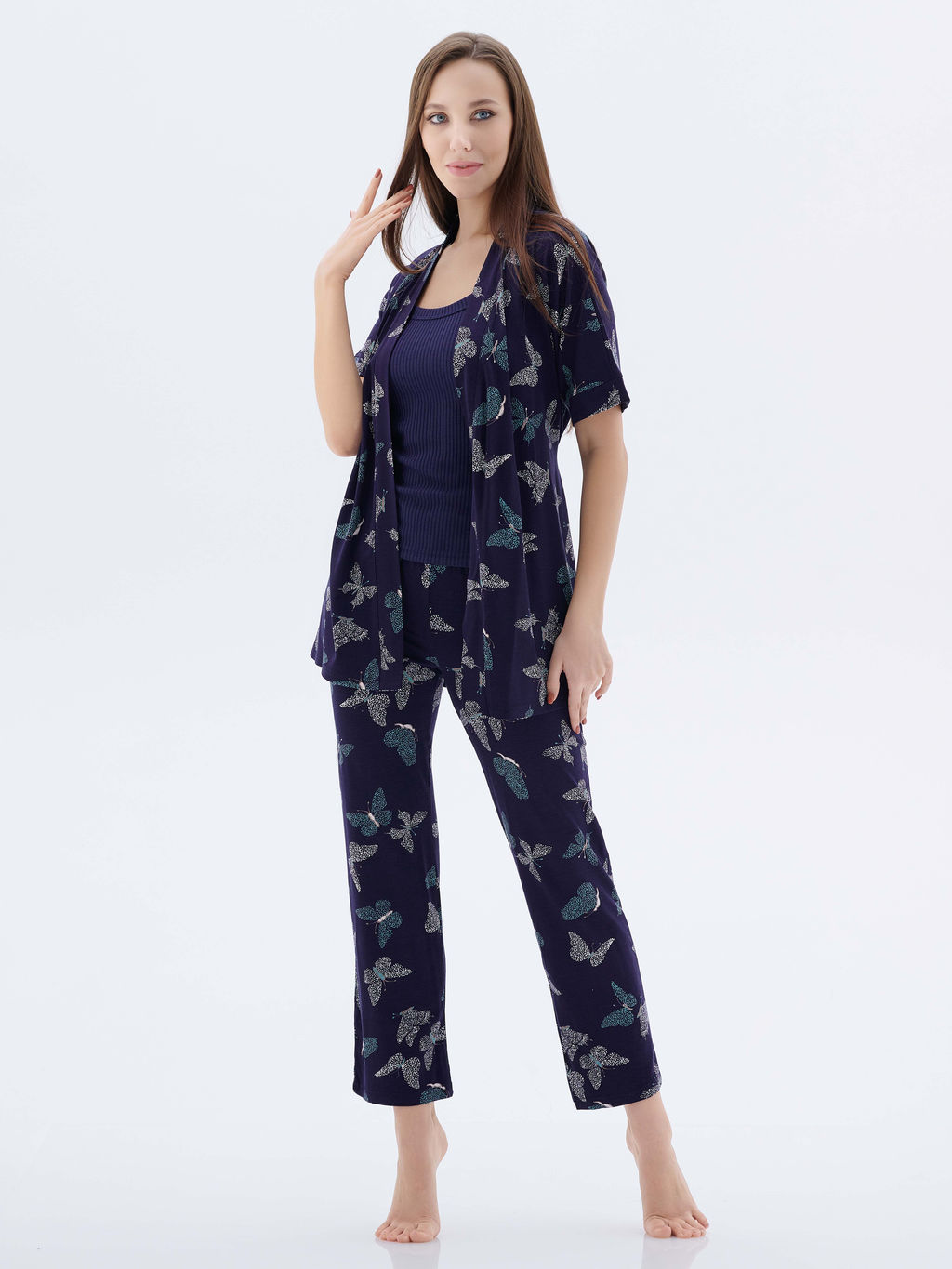 Пижама с халатом МИШЕЛЬ: брюки, топ, халат (тёмно синий №15) - Ивановская трикотажная компания фото 2