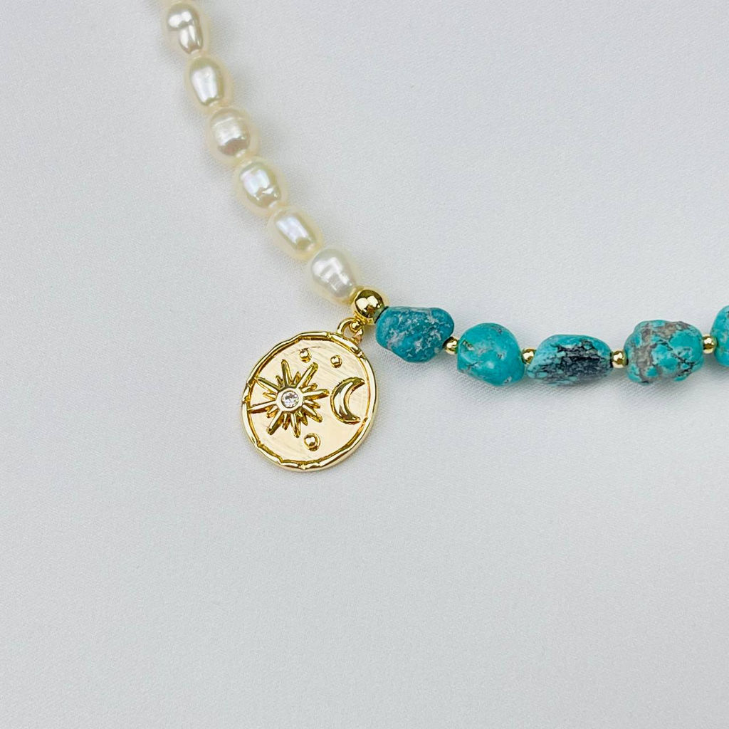 Колье из Жемчуга и Бирюзы с подвеской 45 см +