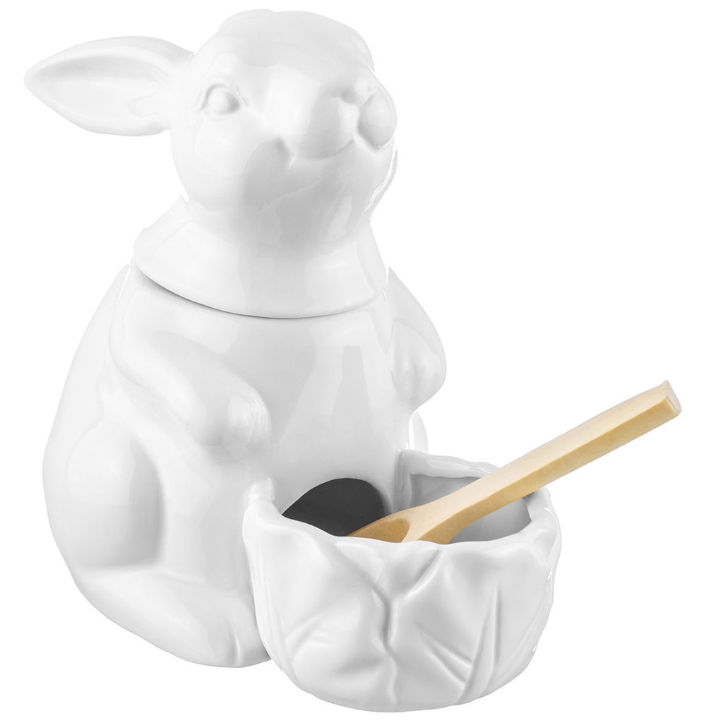 Банка д/соли 16*9*14 см 400 мл "Заяц" белая + дерев. ложка