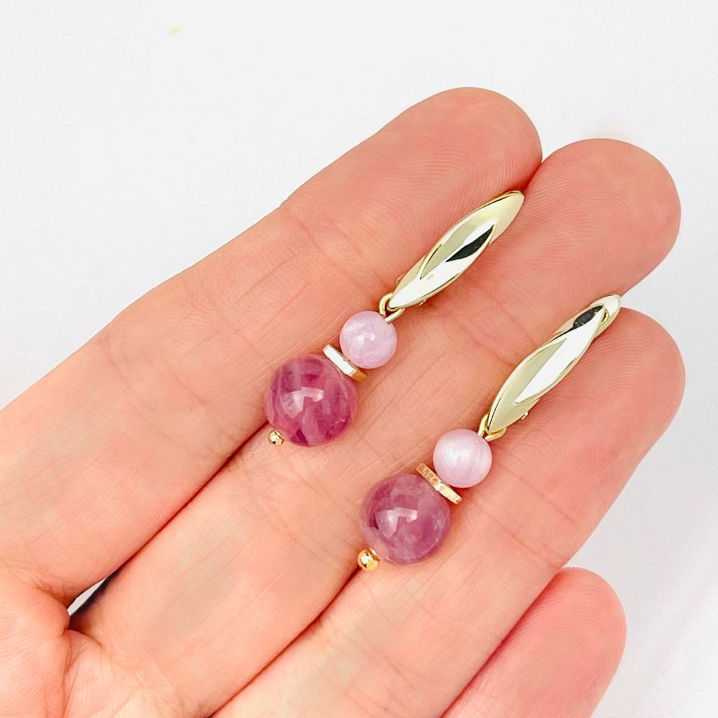 Серьги двойные из мадагаскарского Розового кварца и Кунцита - Радуга самоцветов фото 2