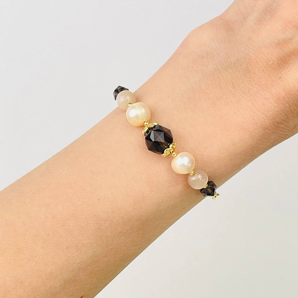 Браслет регулируемый из Раухтопаза, Жемчуга и Лунного камня от 16 см