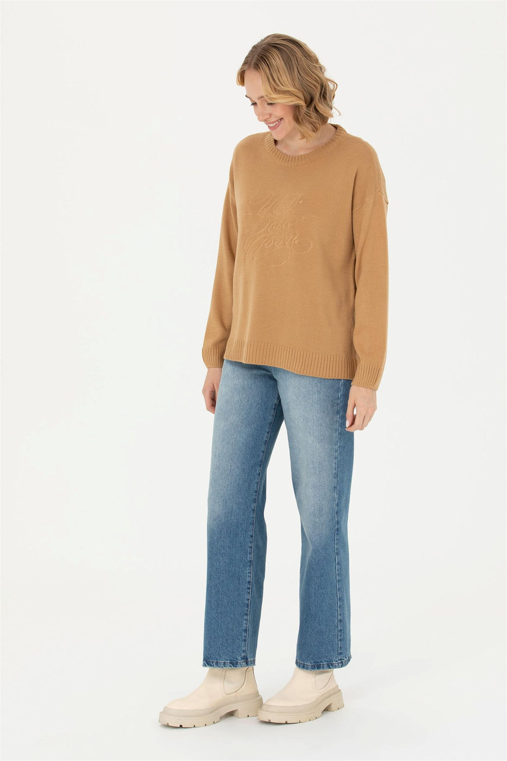 Женский свитер песочного цвета с круглым вырезом - U.s. polo assn фото 5