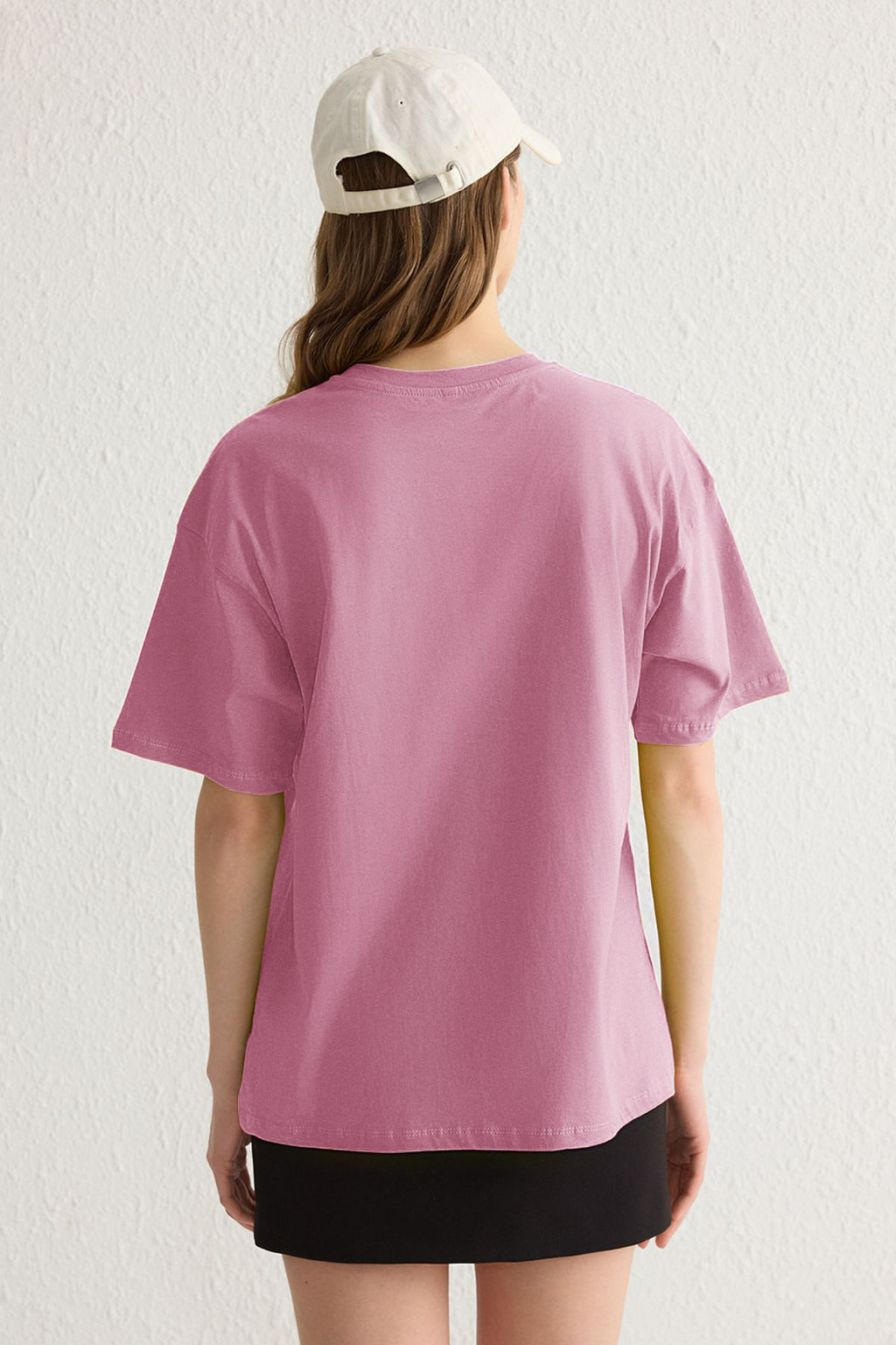 Ac?k Pembe %100 Pamuk Bisiklet Yaka Oversize/Genis Kal?p Orme T-Shirt TWOSS20TS0134