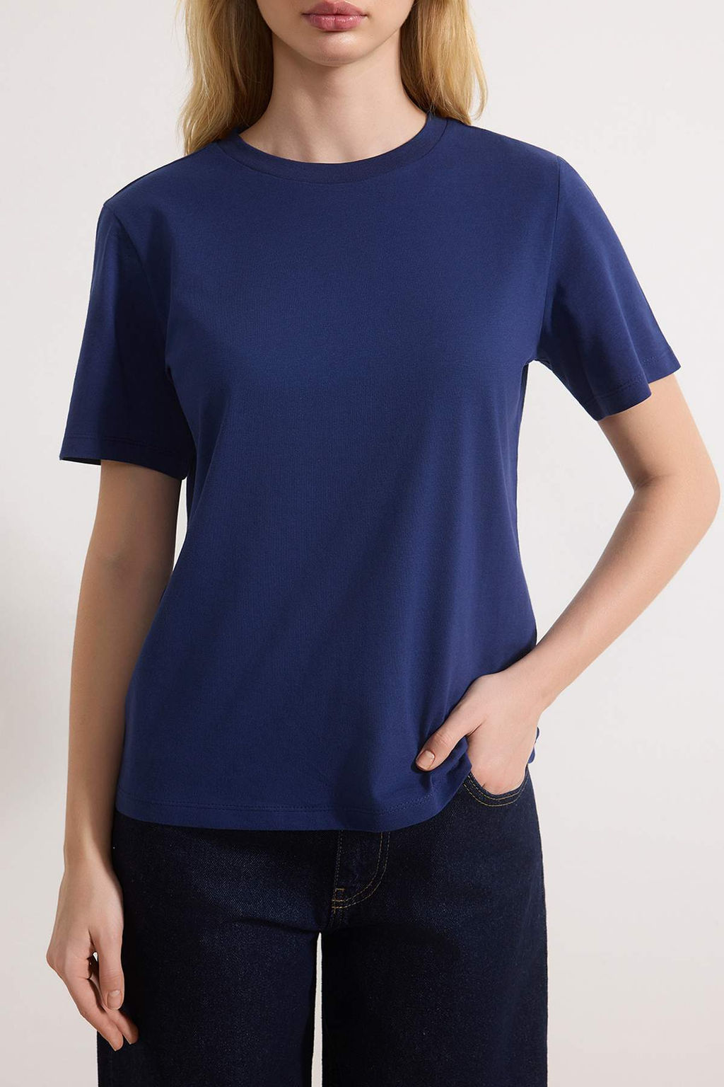 Lacivert-Gri Melanj-Ekru Cizgili 3lu Paket Basic Bisiklet Yaka Orme T-Shirt TWOSS20TS0146