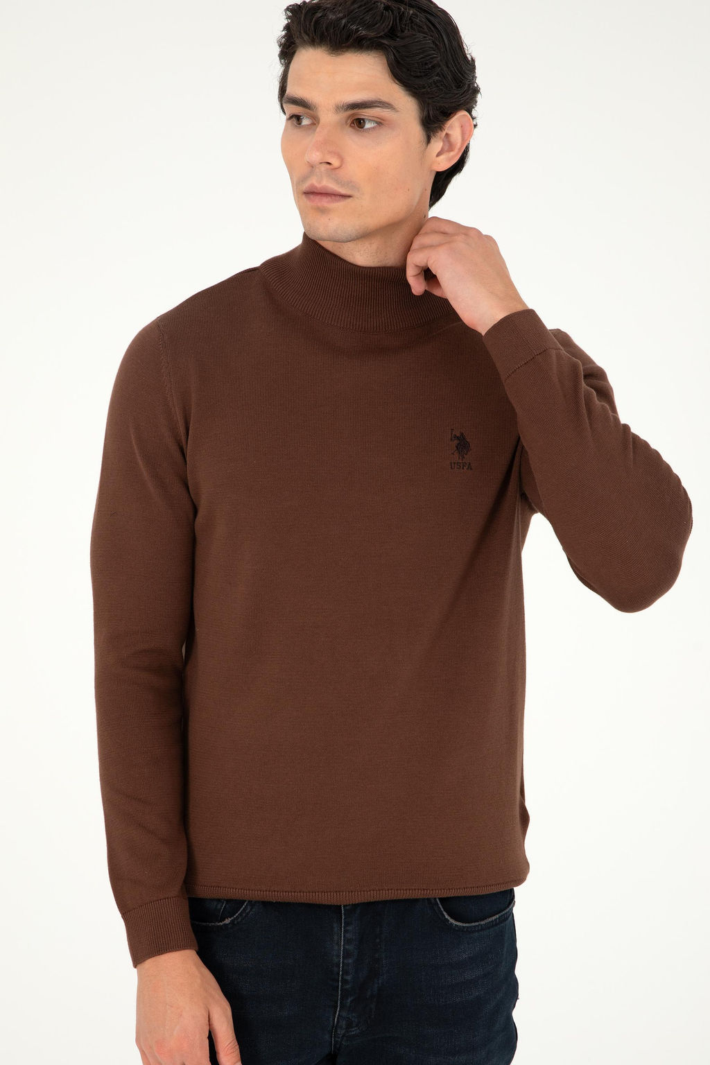 Erkek Slim Fit Yar_m Bo_azl_ Kahverengi Basic Kazak