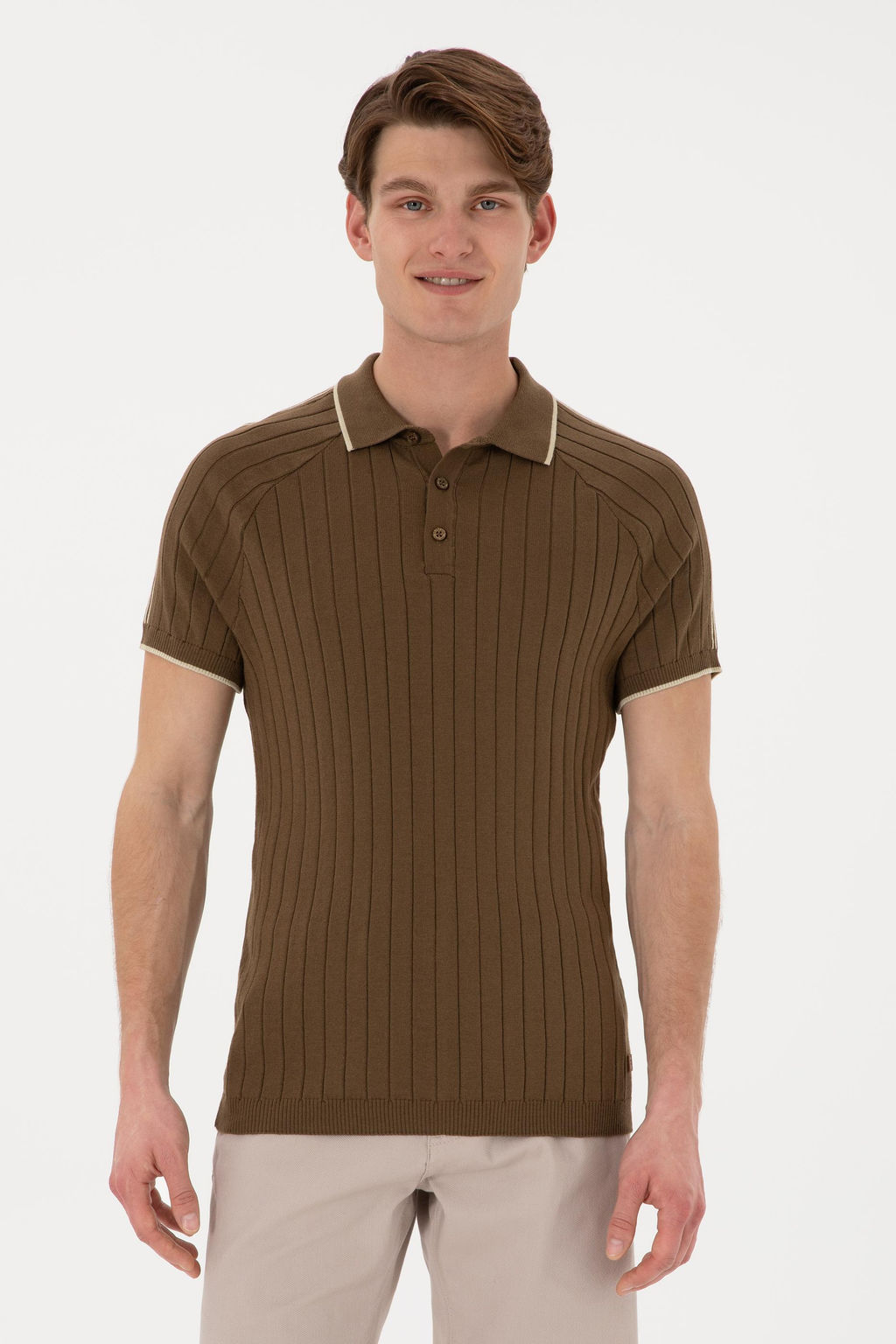 Erkek Slim Fit Bisiklet Yaka Haki Ti__rt