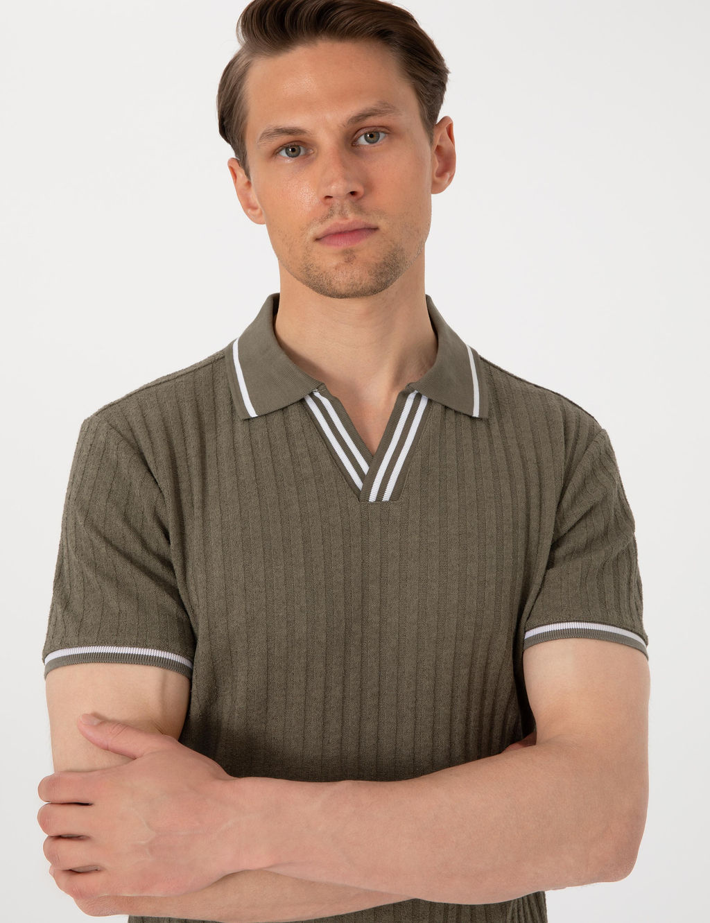 Haki Slim Fit _rme Dokulu Apa_ Yaka Ti__rt