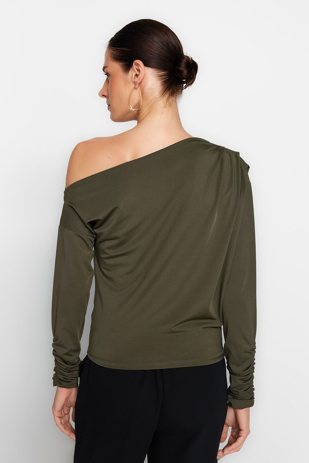 Trendyolmilla Siyah Asimetrik Yaka Dokumlu Esnek Orme Bluz TWOAW21BZ1383  фото 14