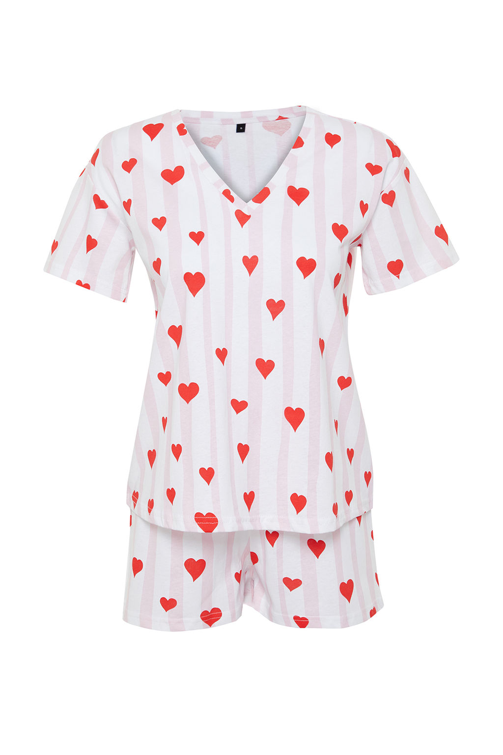 Trendyolmilla Pudra-Cok Renkli %100 Pamuklu Cizgili ve Kalpli Sortlu Orme Pijama Tak?m? THMSS24PT00073  фото 8