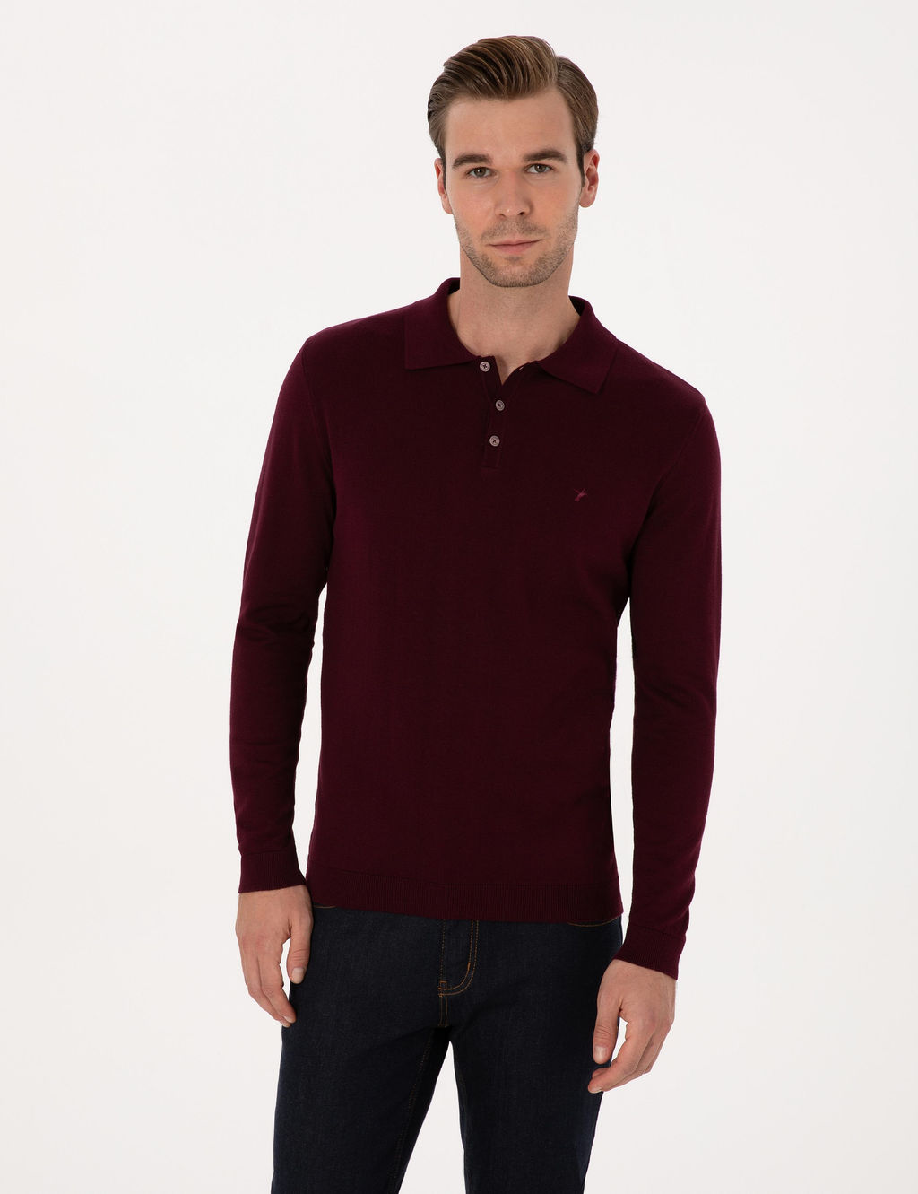 Bordo Slim Fit Regular Fit Pamuk Kar___ml_ Polo Yaka Basic Triko Kazak