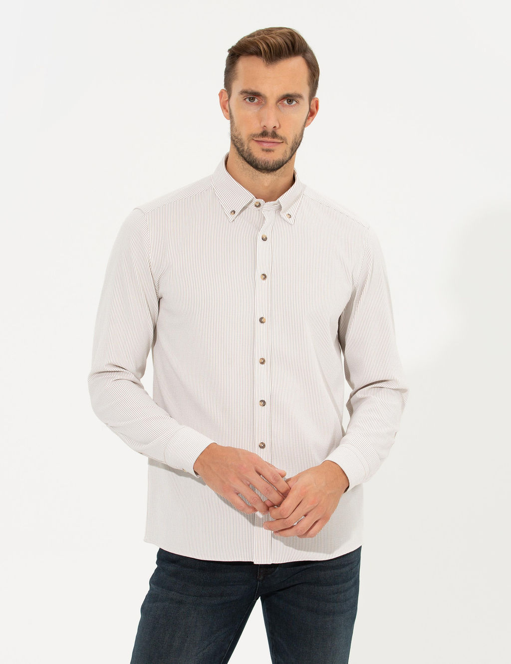 Bej Slim Fit Uzun Kollu G_mlek