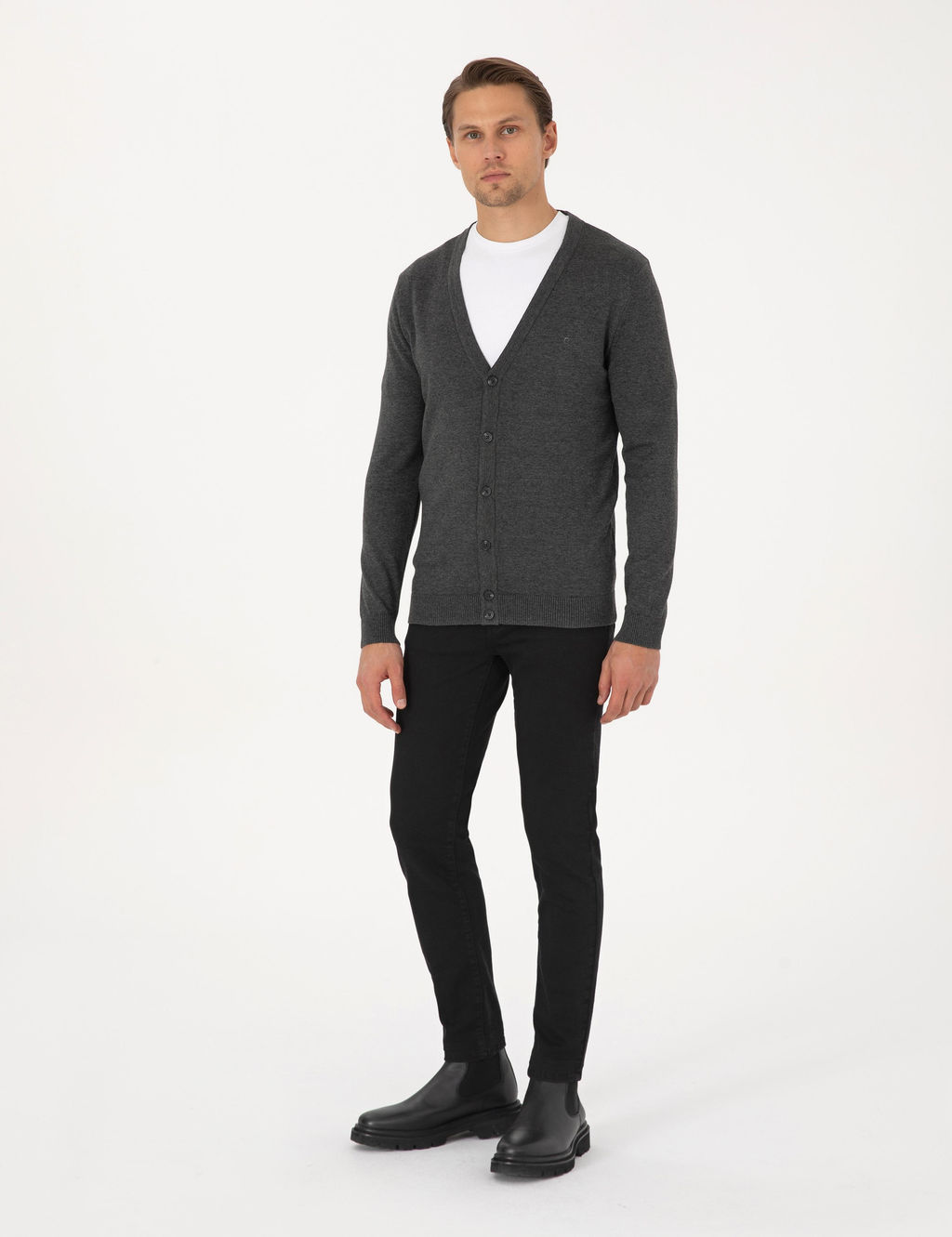 Koyu Gri Melanj Slim Fit Basic D__meli Triko H_rka - Pierre cardin фото 4