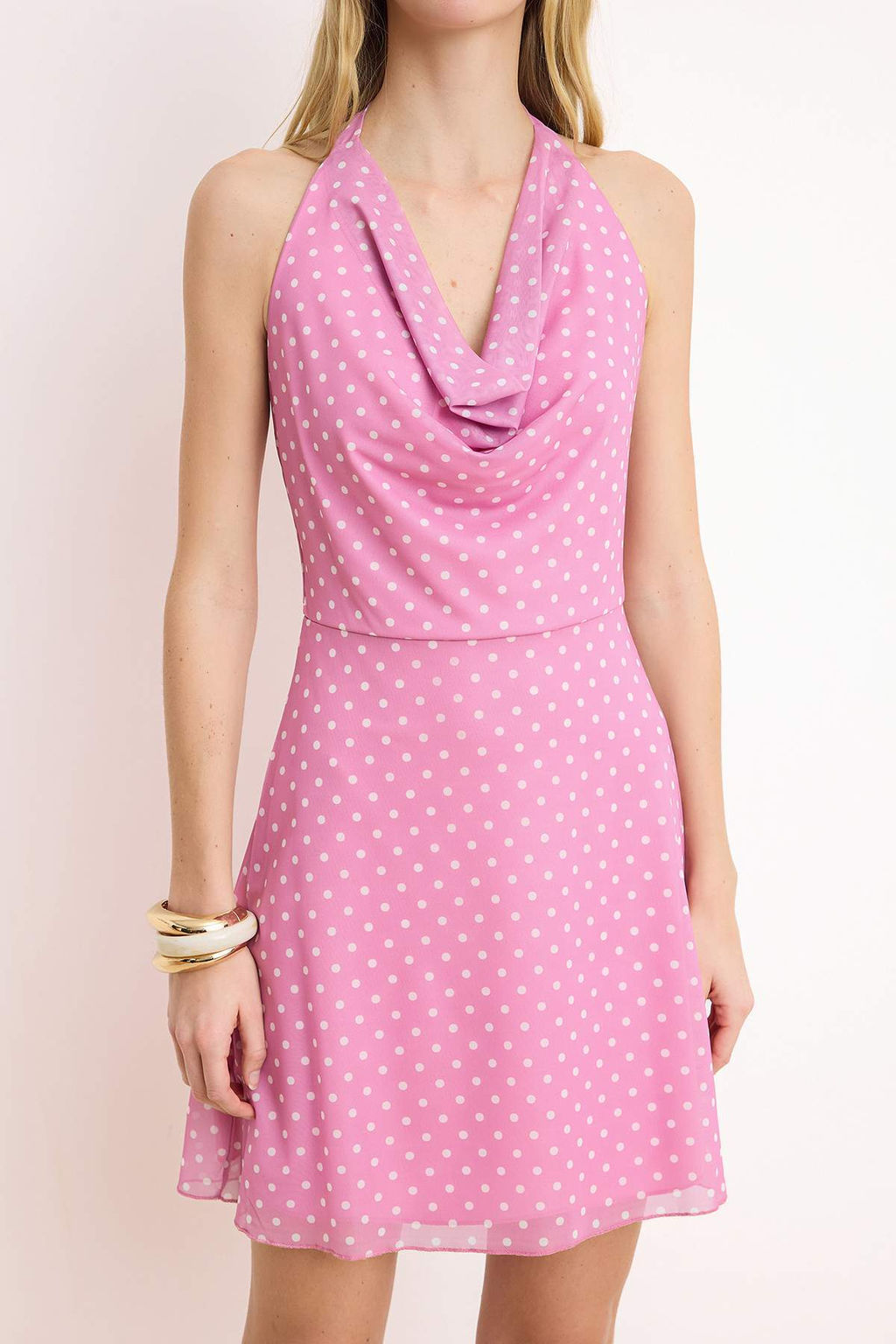 Pembe Puantiyeli A-Kesim/Can Form Degaje Yaka Dikis Detayl? Mini Tul Orme Elbise TWOSS26EL00209