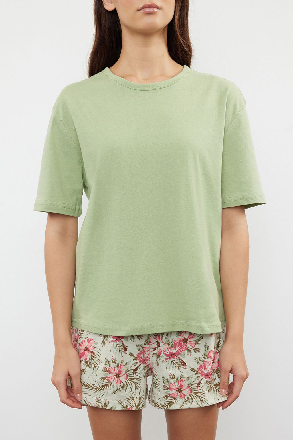 Yesil %100 Pamuklu Cicekli Sortlu Orme Pijama Tak?m? THMSS24PT00386