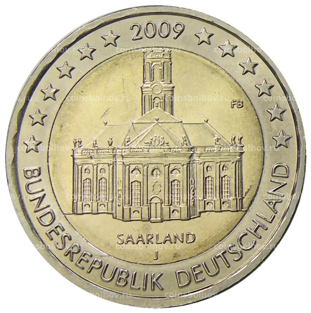 2 евро 2009 года J Германия Федеральные земли Германии  Церковь Людвига в Саарбрюккен, Саар