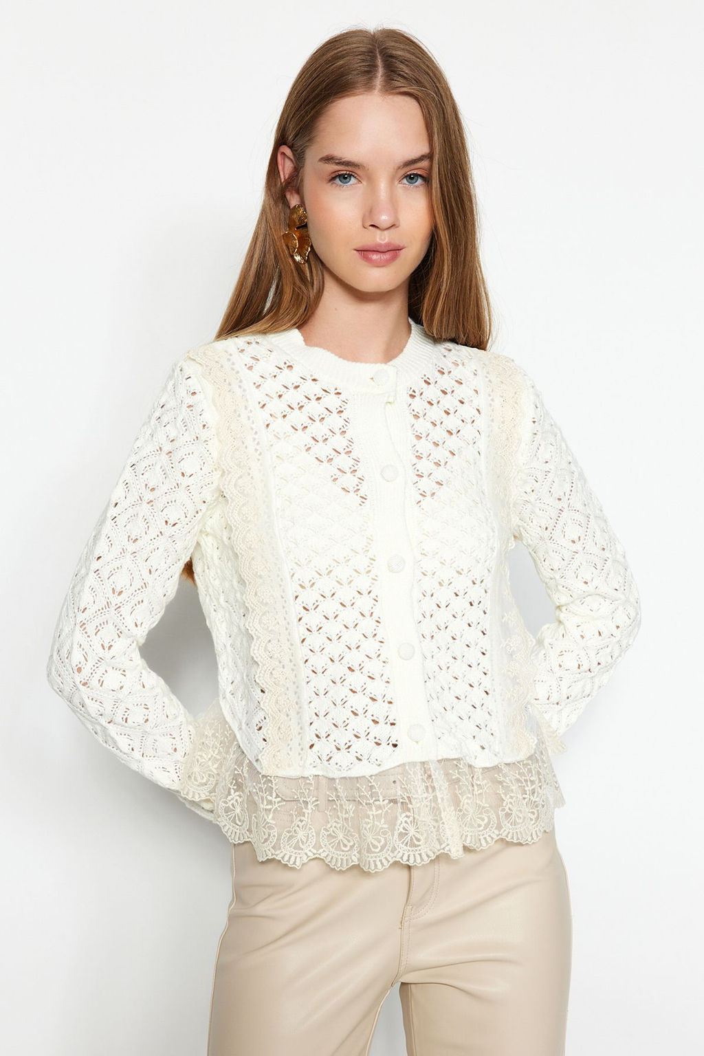 Ekru Crop Dantel Garnili Ajurlu/Delikli Triko H?rka TWOAW24KZ01059