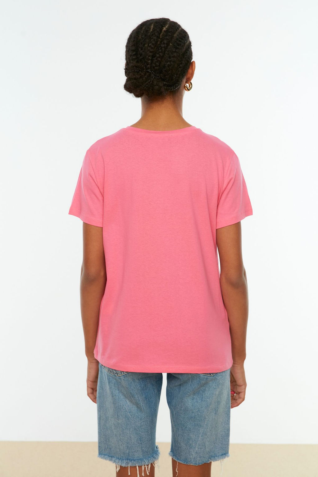 Indigo-Pembe %100 Pamuk 2li Paket Basic Bisiklet Yaka Orme T-Shirt TWOSS20TS0141