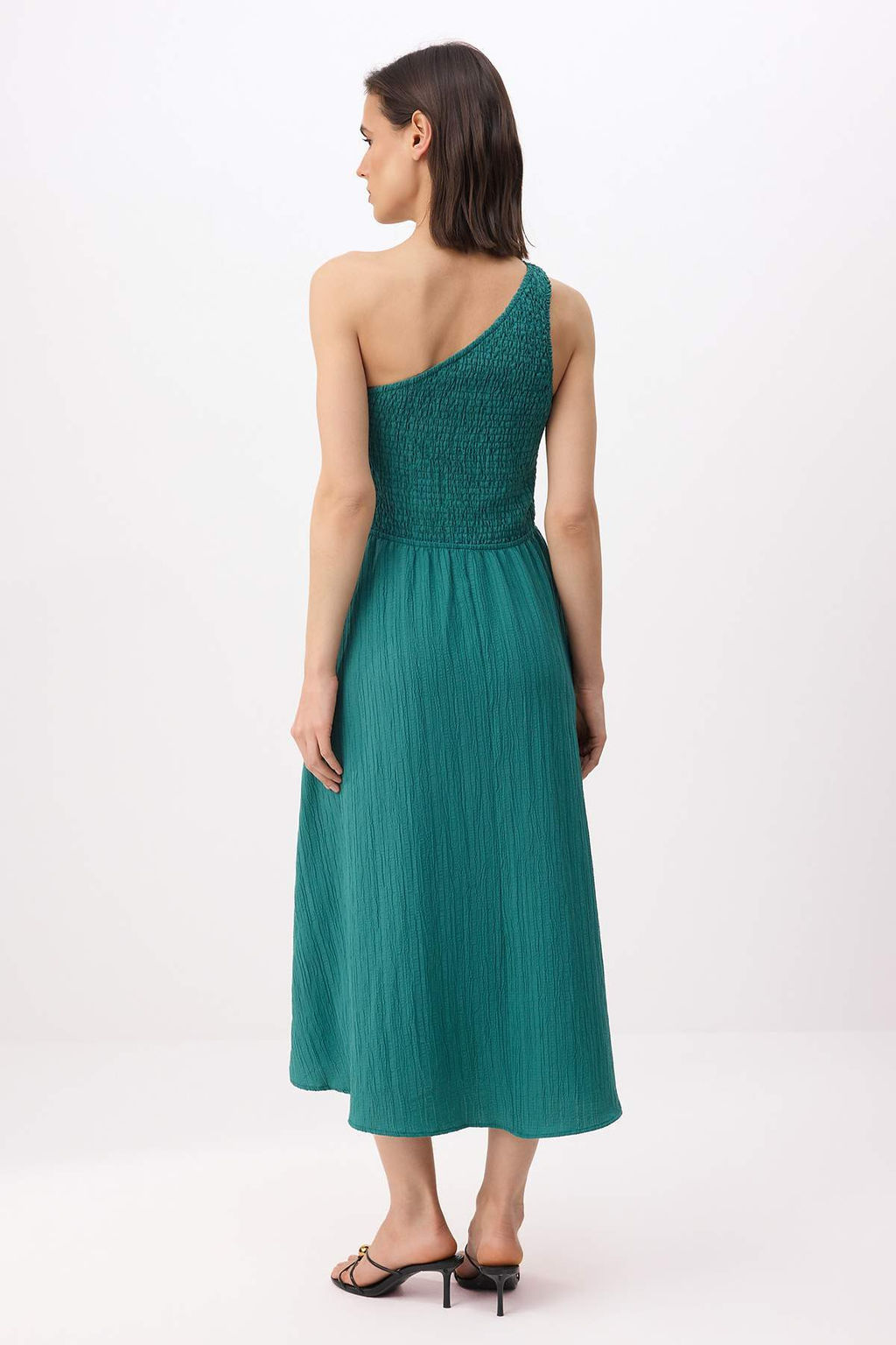 Petrol Duz Etegi Belden Ac?lan Gipeli Midi Dokuma Elbise TWOSS23EL01830