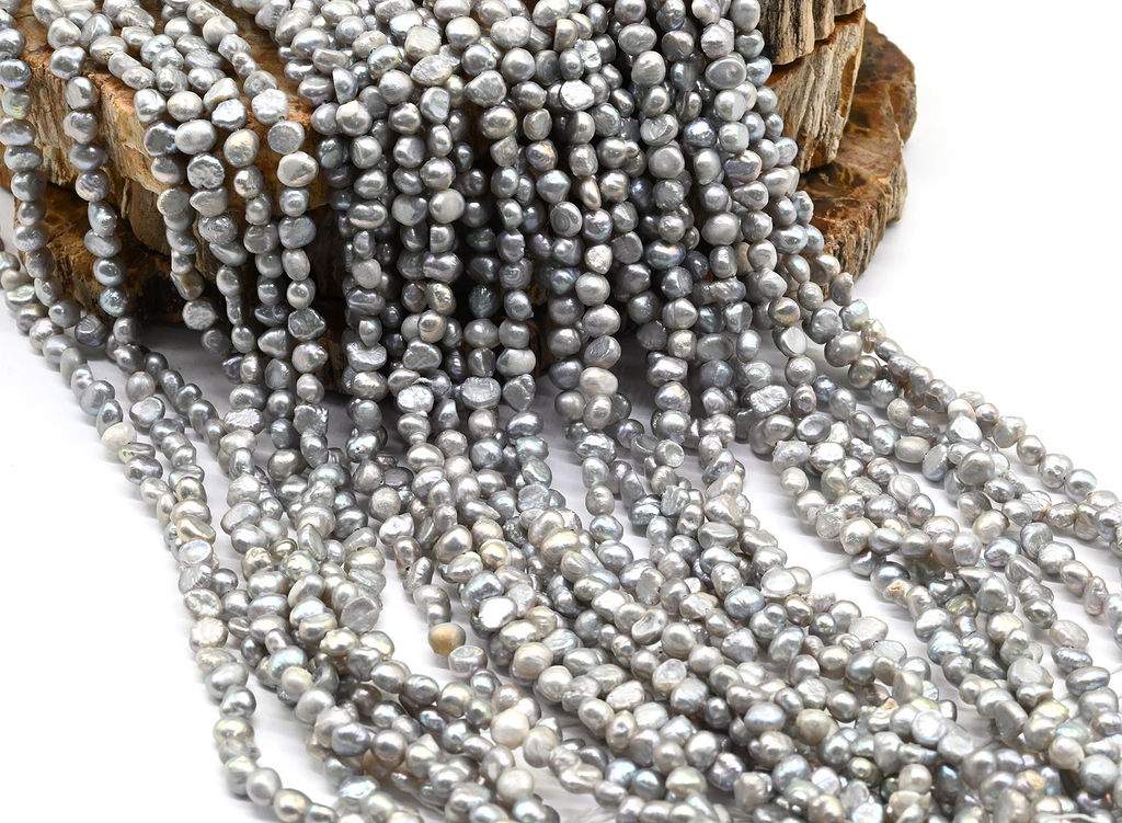 Бусины жемчуг речной галтовка 5*4мм цвет серебро, 34см, 85 бусин Радуга камня