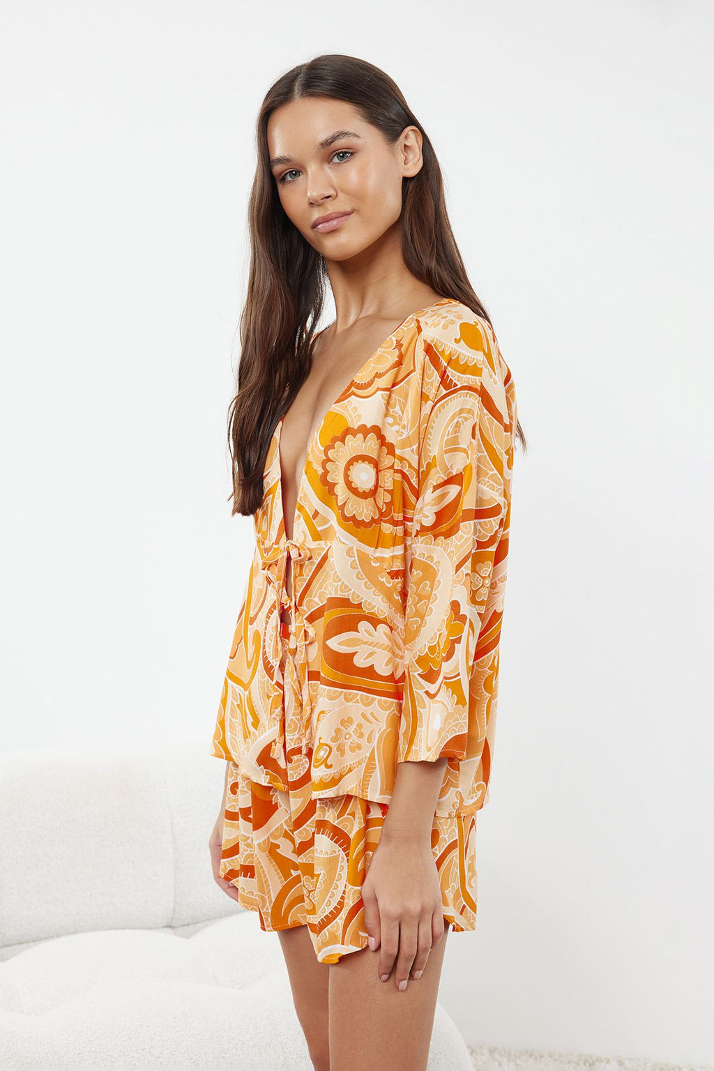 Trendyolmilla Cok Renkli Etnik Desenli Baglama/Fiyonk Detayl? Viskon Sortlu Dokuma Pijama Tak?m? THMSS23PT00165  фото 16