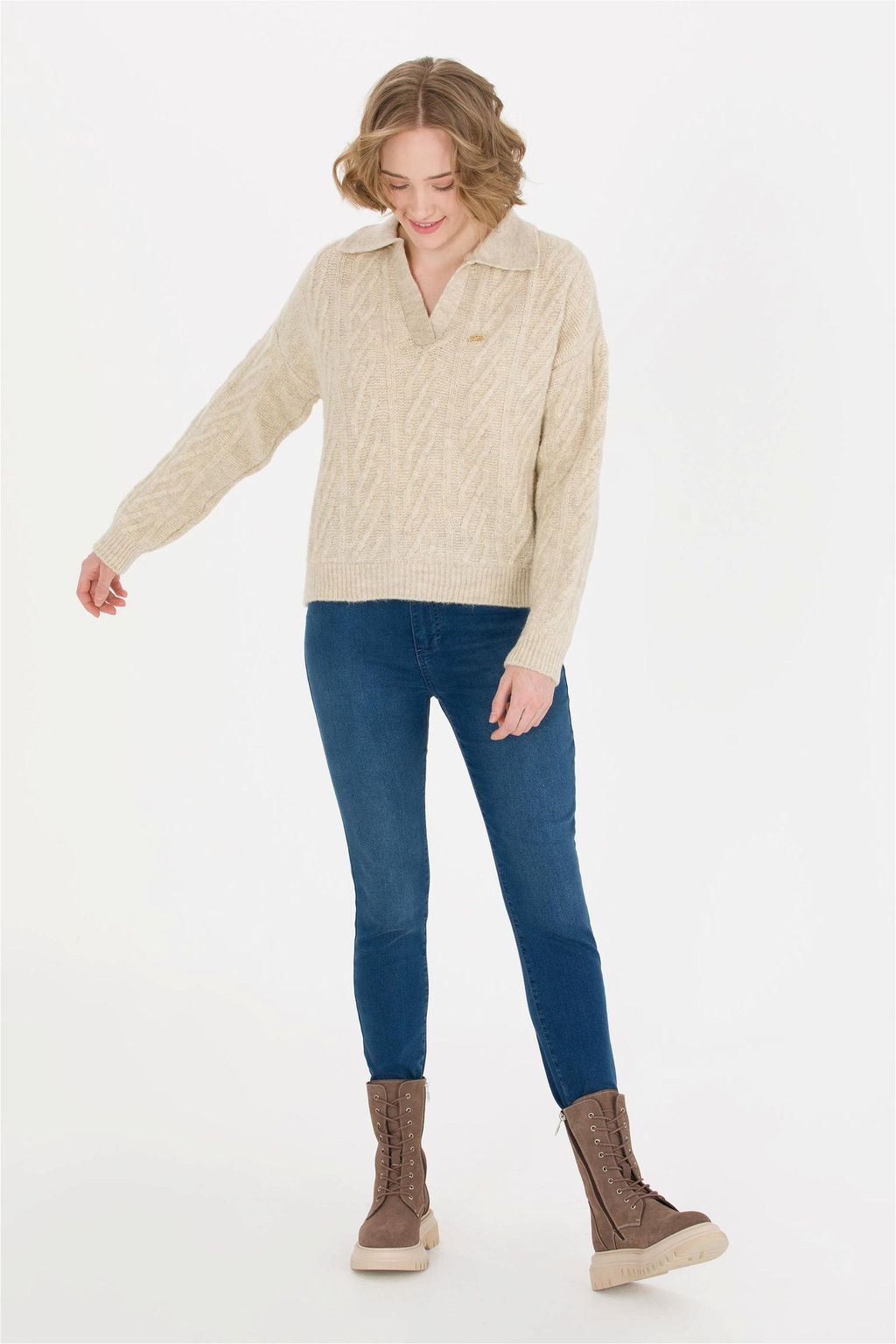 U. S. Polo Assn Женский свитер из меланжевого камня с v-образным вырезом - U.s. polo assn фото 7