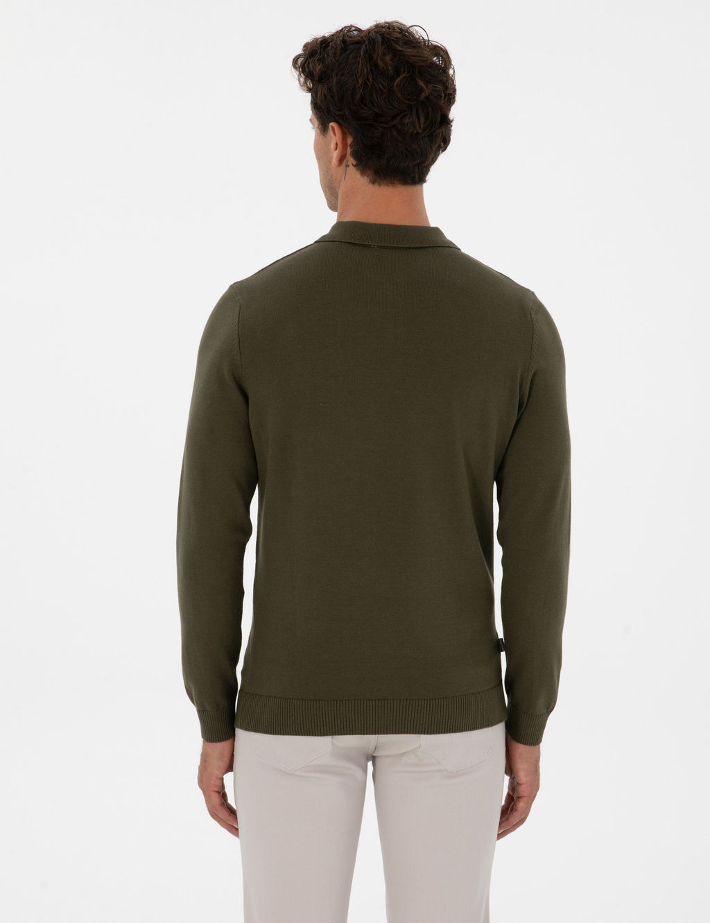 Koyu Haki Slim Fit Polo Yaka Fermuarl_ Basic Triko Kazak