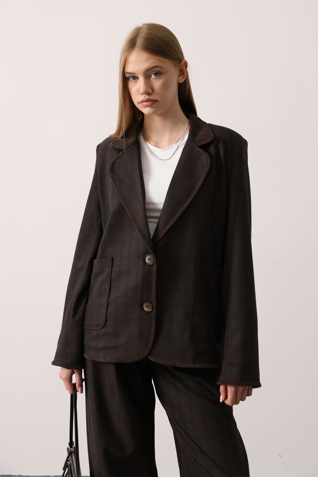 Cok Renkli Ekoseli Kadife Yaka Detayl? Oversize Dokuma Ceket TWOAW26BC00071 - Trendyolmilla фото 2