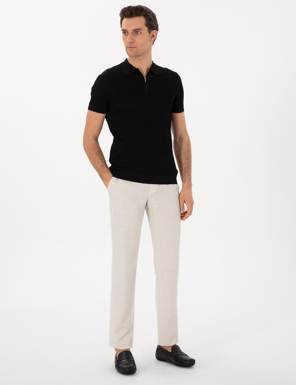 Siyah Slim Fit Fermuarl_ Polo Yaka Triko T-shirt