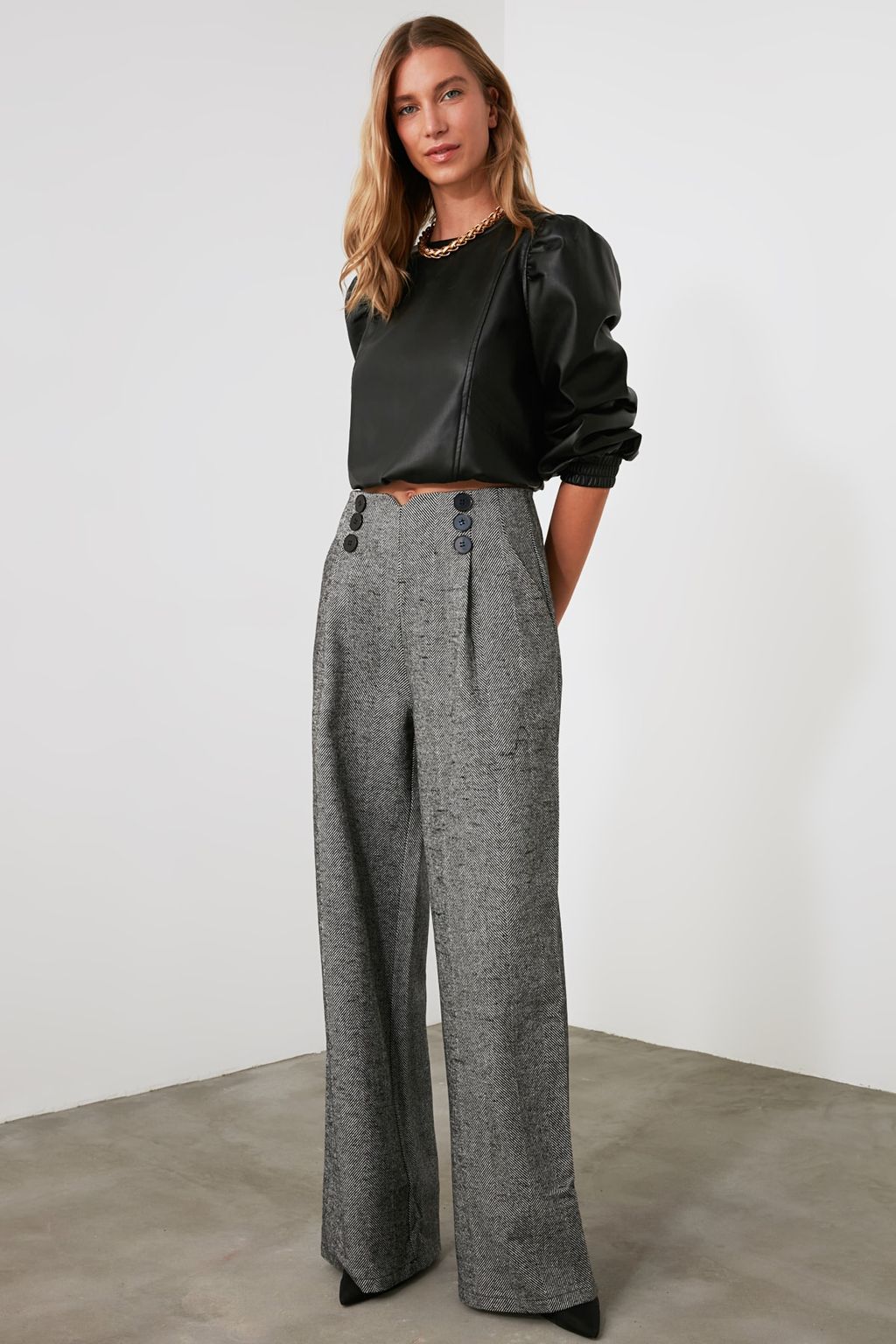 Gri Dugme Detayl? Wide Leg Dokuma Pantolon TWOAW21PL0492 Palazzo