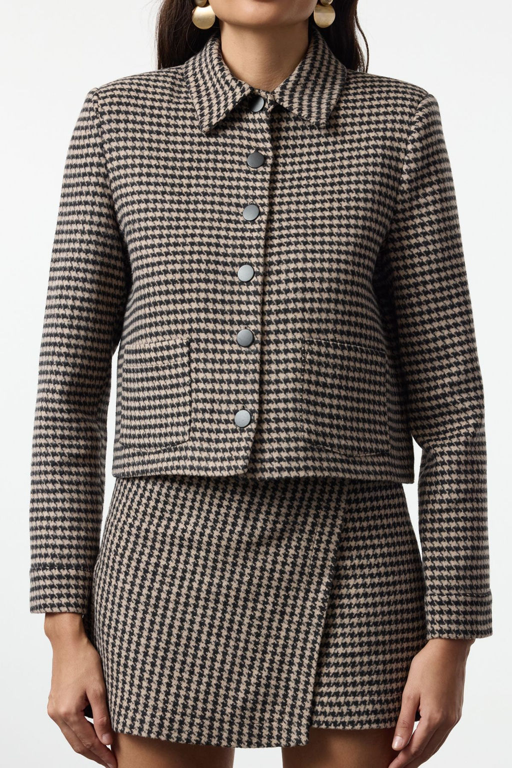 Bej Kazayag? Desenli Crop Dokuma Ceket TWOAW25CE00070 - Trendyolmilla фото 4