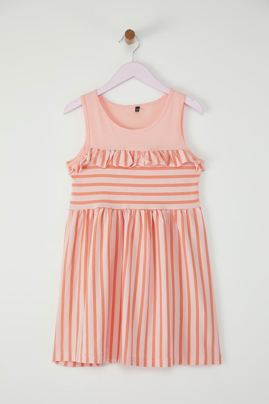 Pembe K?z Cocuk %100 Pamuk Cizgili Kolsuz Mini Bayraml?k Orme Elbise TKDSS25EL00062