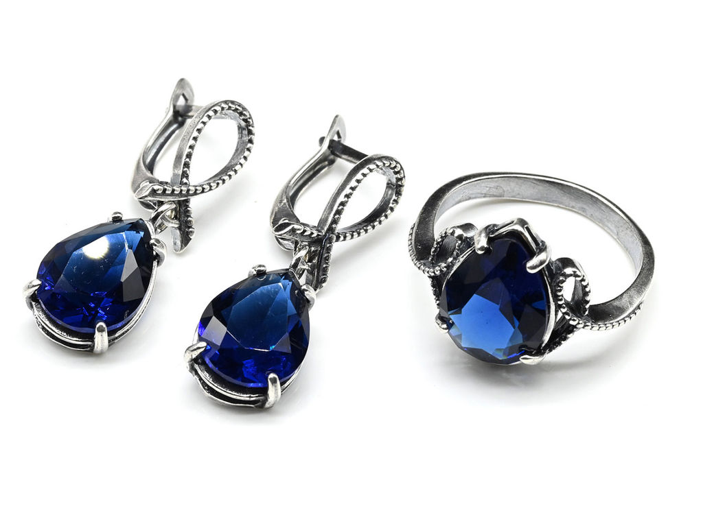 Кольцо серьги с цирконом искусственным, цв.синий размер 19