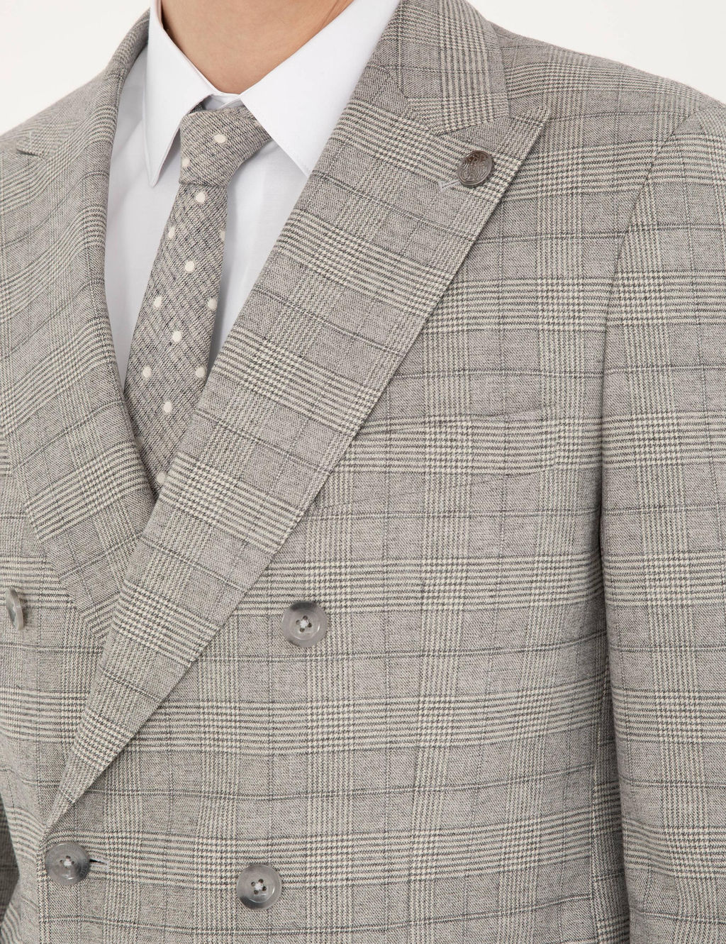 Gri Ex. Slim Fit Ekose Kruvaze Tak_m Elbise