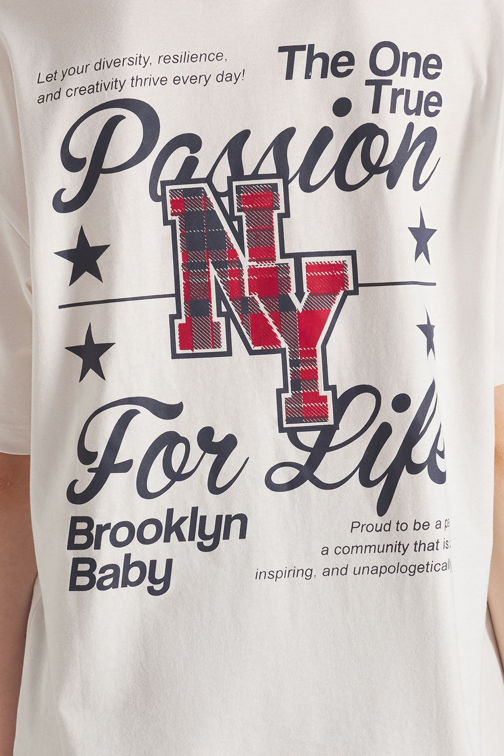 TRENDYOLMILLA Ekru %100 Pamuk Ekoseli Slogan Bask?l? Oversize/Genis Kesim Orme T-Shirt TWOSS25TS00164 фото 3