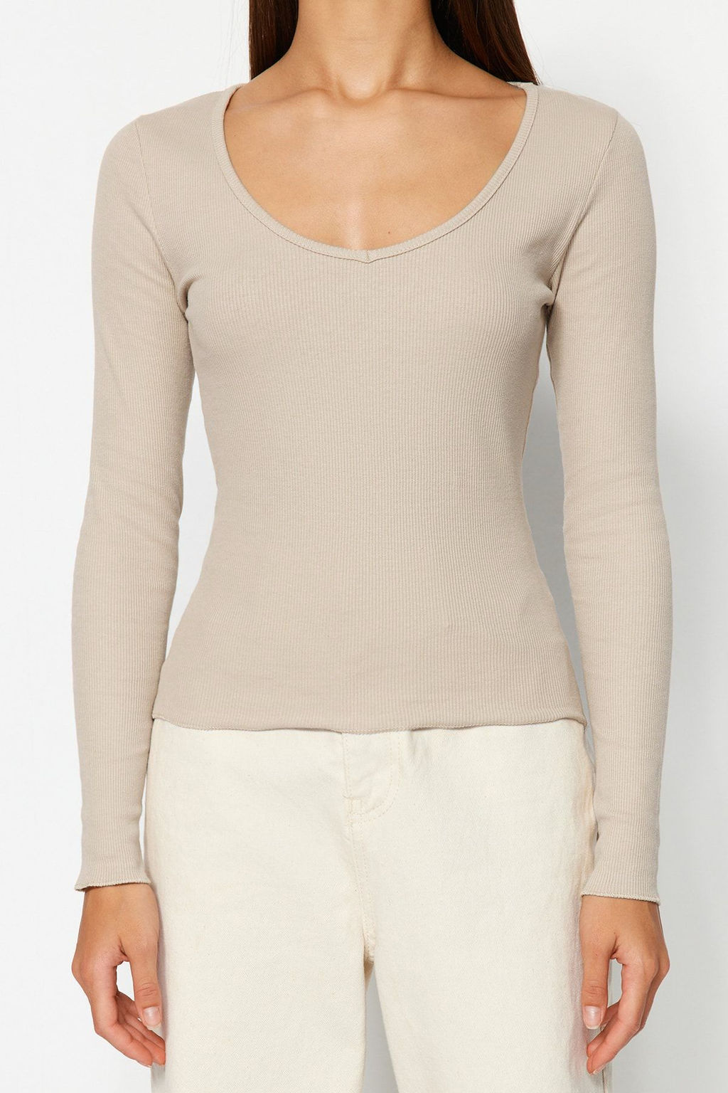 Bordo-Tas 2li Paket V Yaka Fitted/Vucuda Oturan Pamuklu Esnek Orme Bluz TWOAW24BZ00068