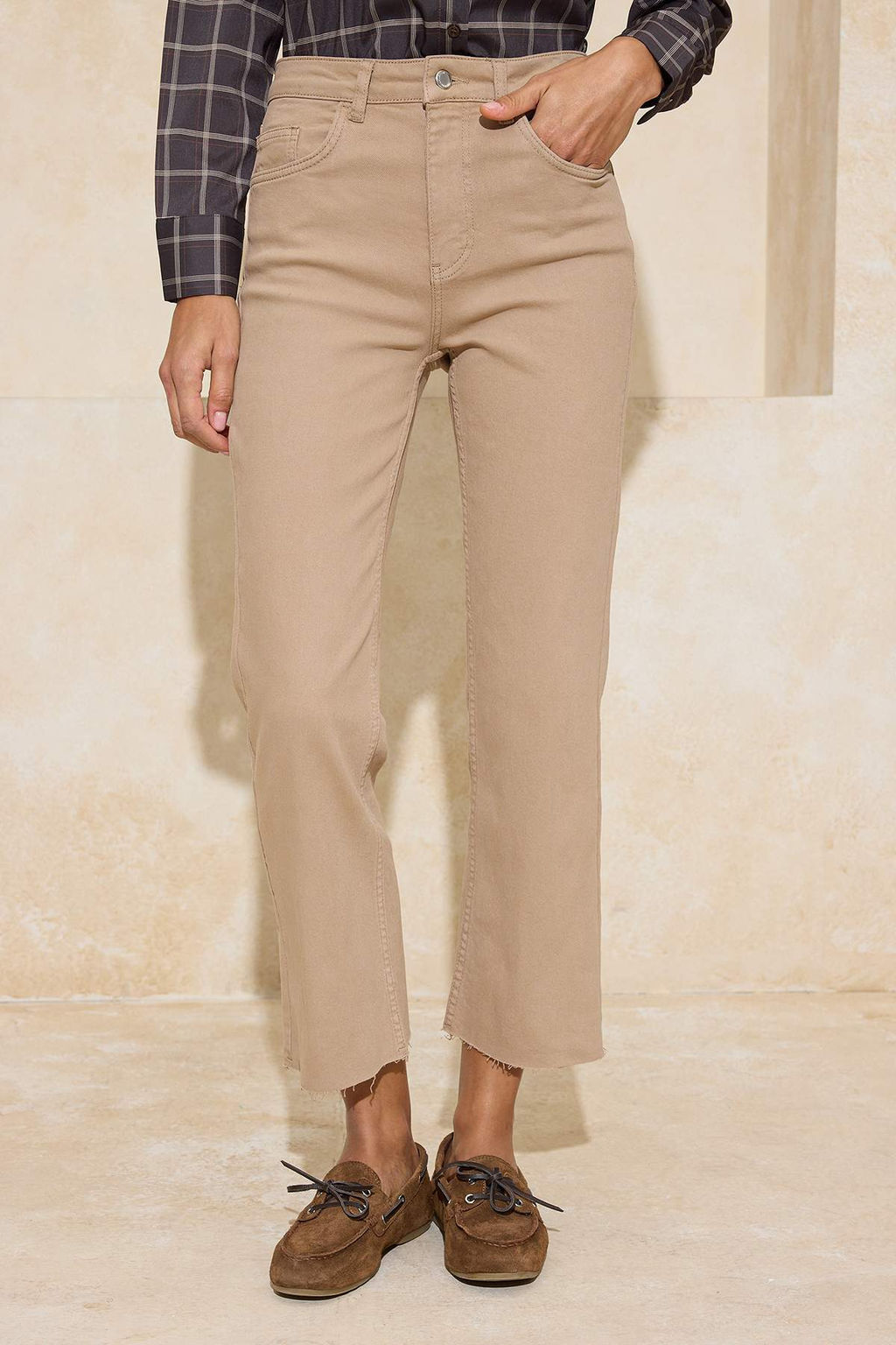 Camel Paca Kesikli Yuksek Bel Orta Esnek Crop Flare Jeans TWOSS26JE00001