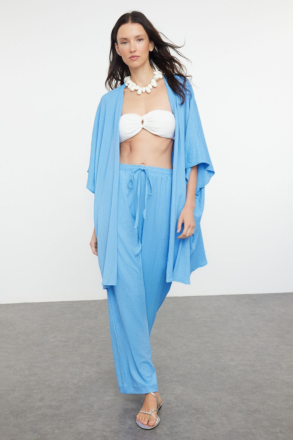 Mavi Dokuma Burumcuk Kimono Pantolon Plaj Tak?m TBESS23AU00149