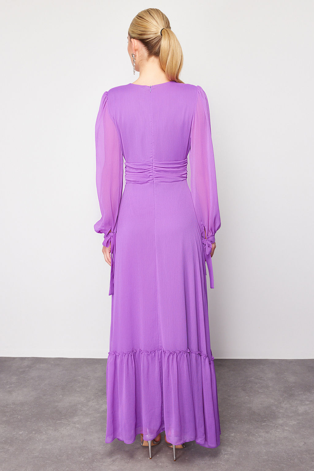 Mor A-Kesim Dokuma Sifon Uzun Gece Abiye Elbise TPRSS24AE00117 - Trendyolmilla фото 6